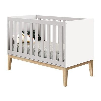 Berço Americano E Cômoda Infantil 1 Porta Classic Branco Com Pés Madeira Natural - Reller
