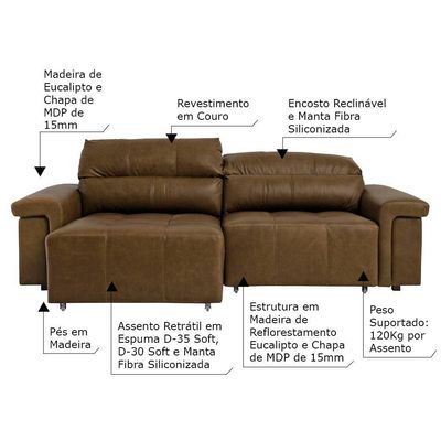 Sofá Retrátil Reclinável 4 Lugares Couro Castanho