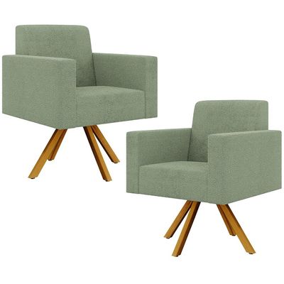 Kit 02 Poltronas Giratória Sala de Estar Base de Madeira Helô L02 Bouclê Oliva - Lyam Decor