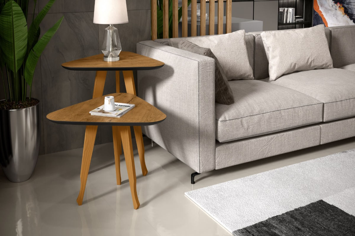 Kit 2 Mesas Lateral e Apoio 3 Pontas Pés Madeira cor Freijó/Preto - Comprar Móveis em Casa
