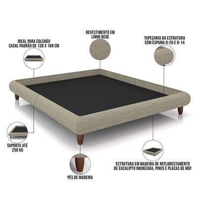 Cama Casal Pés de Madeira 156cm Otto P05 Linho Bege - Lyam Decor