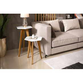 2 Mesas Lateral e Apoio Tampo Sextavado Pés em Madeira Desenhado Elegance cor Branco - Comprar Moveis Em Casa