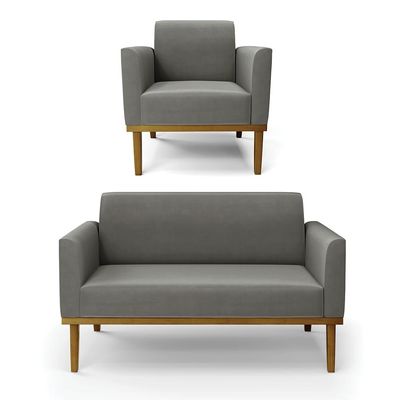 Conjunto Poltrona e Namoradeira Decorativa Isabella Pés Fixo em Madeira Castanho Suede Grafite G19 - Gran Belo