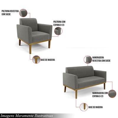 Conjunto Poltrona e Namoradeira Decorativa Isabella Pés Fixo em Madeira Castanho Suede Grafite G19 - Gran Belo