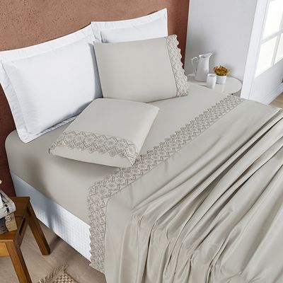 Jogo Cama Lençol Divino Lese Casal 4 Peças - Amendoa