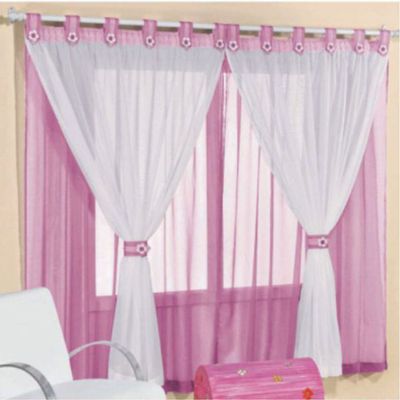 Kit Cortina Juvenil Quarto Menina + Colcha Matelada + Tapete Sara - Rosa