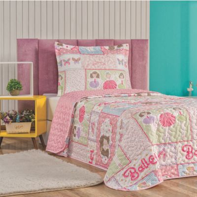 Kit Cortina Juvenil Quarto Menina + Colcha Matelada + Tapete Sara - Rosa