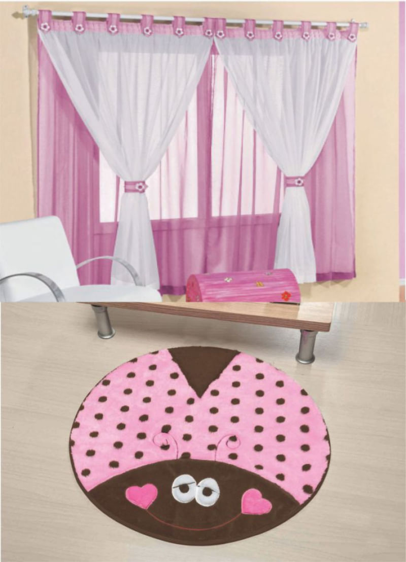 Kit decoração p/ Quarto de Menina = Cortina Juvenil + Tapete Pelucia Joaninha Rosa
