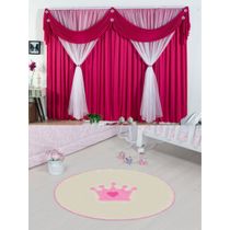 Kit decoração p/ Quarto de Menina = Cortina Malha Jessica + Tapete Pelucia Coroa Baby Pink
