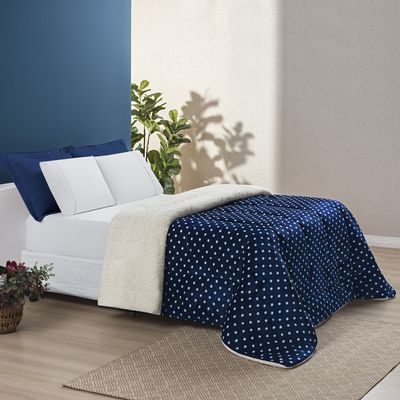 Coberdrom Cobertor Meggy Poá Solteiro Sherpa Manta Flannel Bolinhas - Azul Marinho