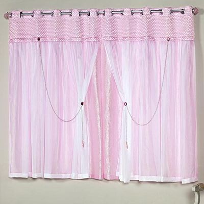 Cortina Princesinha para Varão Tecido Seda e Voal com Pingentes 2,00 x 1,70 Metros - Rosa