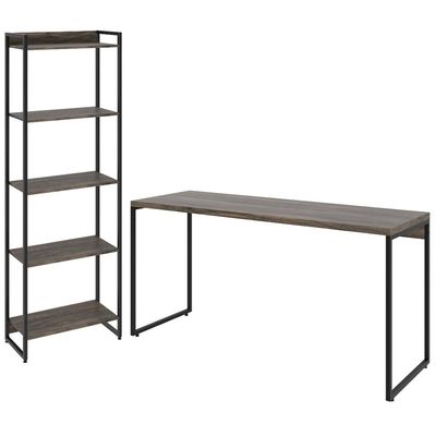 Kit Estante Areta 5 Prateleiras com Mesa Industrial Aspen 150cm C01 Carvalho Dark - Lyam Decor