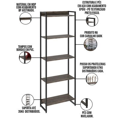 Kit Estante Areta 5 Prateleiras com Mesa Industrial Aspen 150cm C01 Carvalho Dark - Lyam Decor