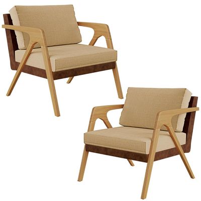 Kit 02 Poltronas Decorativas Pietra L02 Couríssimo Marrom Linho Bege Escuro - Lyam Decor