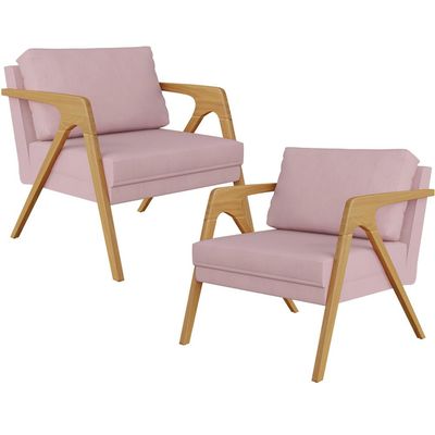 Kit 02 Poltronas Decorativas Para Sala Estar Pietra Estrutura De Madeira L02 Suede Rosê - Lyam Decor