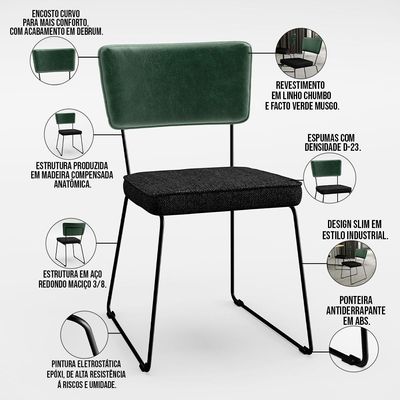 Kit 04 Cadeiras Decorativas Sala Jantar Allana L02 Facto Verde Musgo Linho Chumbo - Lyam Decor