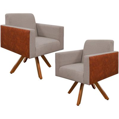 Kit 02 Poltronas Decorativa Giratória de Madeira Helô L02 Linho Bege Couríssimo Camel - Lyam Decor