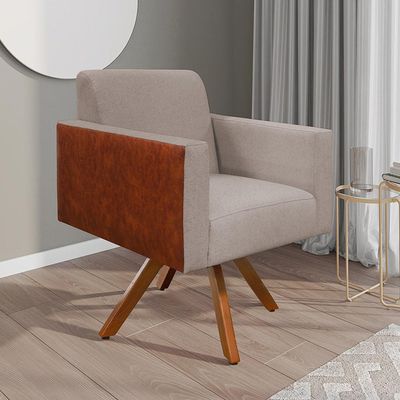 Kit 02 Poltronas Decorativa Giratória de Madeira Helô L02 Linho Bege Couríssimo Camel - Lyam Decor
