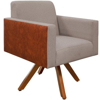 Kit 02 Poltronas Decorativa Giratória de Madeira Helô L02 Linho Bege Couríssimo Camel - Lyam Decor