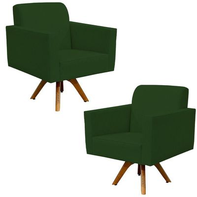 Kit 02 Poltronas Decorativas Base de Madeira Helô L02 Suede Verde Musgo - Lyam Decor