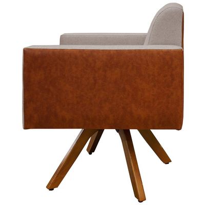 Kit 02 Poltronas Decorativa Giratória de Madeira Helô L02 Linho Bege Couríssimo Camel - Lyam Decor