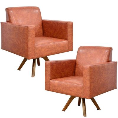 Kit 02 Poltronas Decorativas Giratória Sala Base de Madeira Helô L02 Couríssimo Camel - Lyam Decor