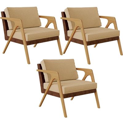 Kit 03 Poltronas Decorativas Pietra L02 Couríssimo Marrom Linho Bege Escuro - Lyam Decor