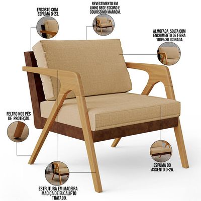 Kit 03 Poltronas Decorativas Pietra L02 Couríssimo Marrom Linho Bege Escuro - Lyam Decor