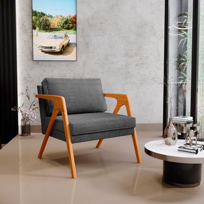 Kit 04 Poltrona Decorativa Para Sala Pietra Estrutura De Madeira L02 Linho Cinza Escuro - Lyam Decor