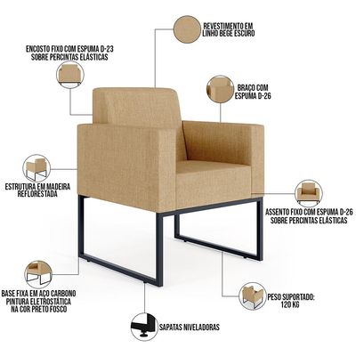Kit 04 Poltronas Decorativa Sala Recepção Base Fixa De Metal Helô L02 Linho Bege Escuro - Lyam Decor