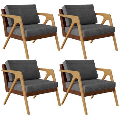 Kit 04 Poltronas Decorativas Pietra L02 Couríssimo Marrom Linho Cinza Escuro - Lyam Decor