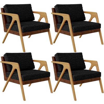 Kit 04 Poltronas Decorativas Sala De Estar Pietra L02 Couríssimo Marrom Linho Chumbo - Lyam Decor