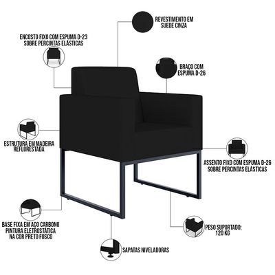 Kit 04 Poltronas Decorativas para Sala Recepção Base Fixa De Metal Helô L02 Suede Preto - Lyam Decor