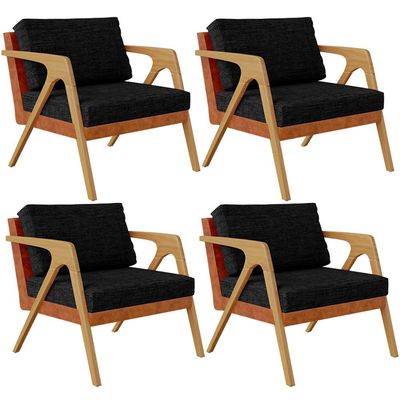 Kit 04 Poltronas Decorativas Sala Estar Pietra L02 Couríssimo Camel Linho Chumbo - Lyam Decor