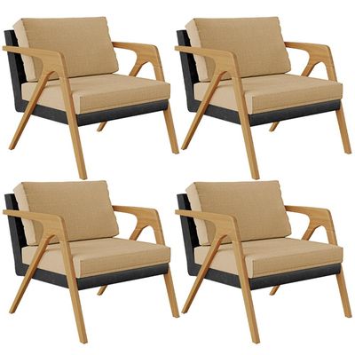 Kit 04 Poltronas Decorativas Sala Estar Pietra L02 Couríssimo Preto Linho Bege Escuro - Lyam Decor