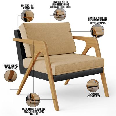 Kit 04 Poltronas Decorativas Sala Estar Pietra L02 Couríssimo Preto Linho Bege Escuro - Lyam Decor