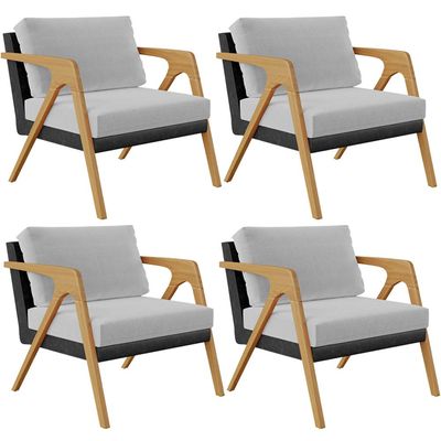 Kit 04 Poltronas Decorativas Sala Estar Pietra L02 Couríssimo Preto Linho Cinza - Lyam Decor