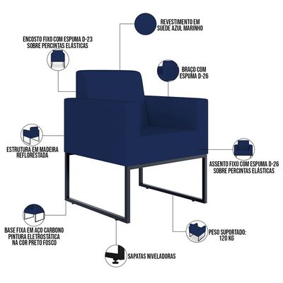 Kit 04 Poltronas Decorativas Sala Recepção Base Fixa Metal Helô L02 Suede Azul Marinho - Lyam Decor
