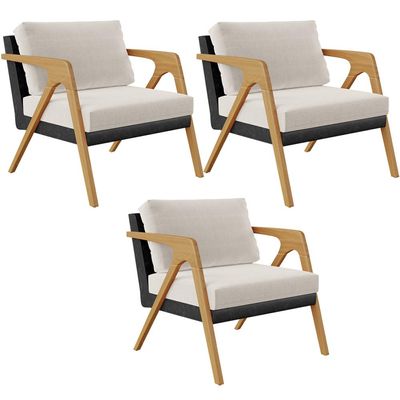 Kit 03 Poltronas Decorativas Sala Estar Pietra L02 Couríssimo Preto Linho Cru - Lyam Decor