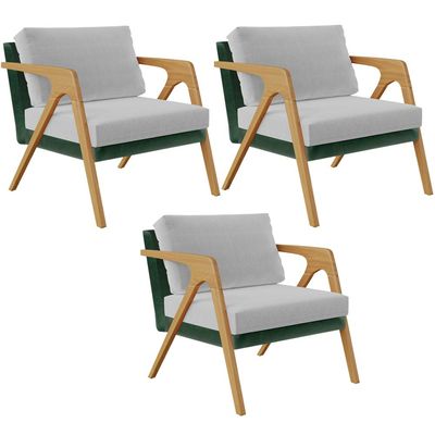 Kit 03 Poltronas Decorativas Sala Estar Pietra L02 Facto Verde Musgo Linho Cinza - Lyam Decor