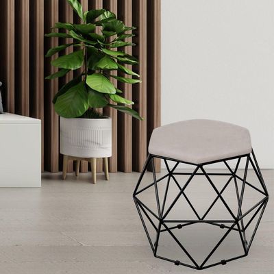 Puff Decorativo Aramado Preto Six L02 Linho Bege - Lyam Decor