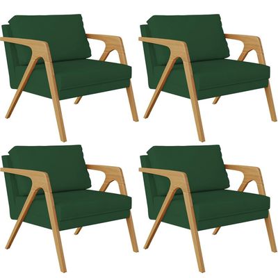 Kit 04 Poltronas Decorativas Sala Pietra Estrutura De Madeira L02 Suede Verde Musgo - Lyam Decor