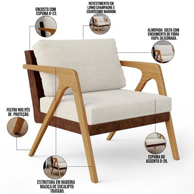 Kit 02 Poltronas Decorativas Pietra L02 Couríssimo Marrom Linho Champagne - Lyam Decor