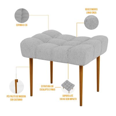 Kit 02 Puffs Decorativo Para Sala De Estar Requinte L02 Linho Cinza - Lyam Decor