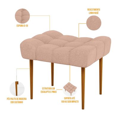 Kit 02 Puffs Decorativo Para Sala De Estar Requinte L02 Linho Rosê - Lyam Decor