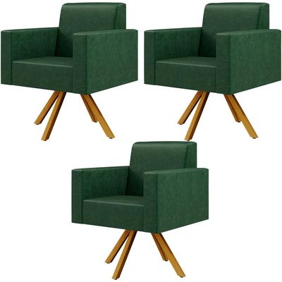 Kit 03 Poltronas Decorativa Base Giratória de Madeira Helô L02 Facto Verde Musgo - Lyam Decor