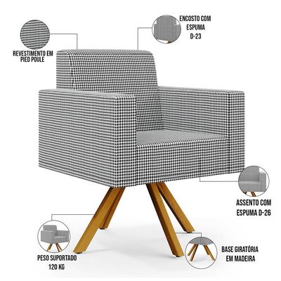 Kit 03 Poltronas Decorativa Base Giratória de Madeira Helô L02 Pied Poule - Lyam Decor