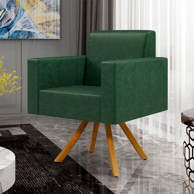 Kit 03 Poltronas Decorativa Base Giratória de Madeira Helô L02 Facto Verde Musgo - Lyam Decor