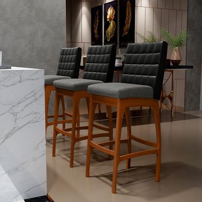 Kit 03 Banquetas Altas Sala De Jantar Fixa Mila B04 Couríssimo Preto Linho Cinza Escuro - Lyam Decor
