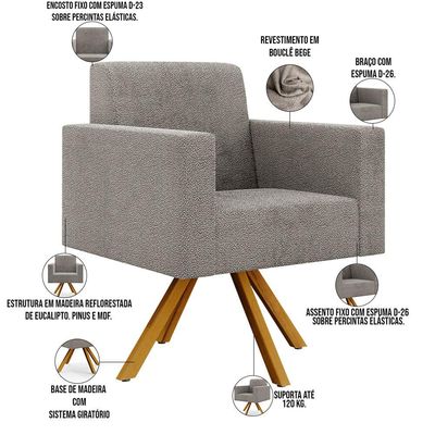 Kit 02 Poltronas Giratórias Sala de Estar Base de Madeira Helô L02 Bouclê Bege - Lyam Decor